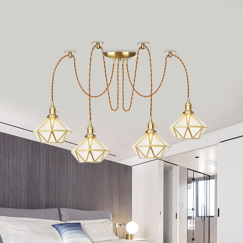 Gold 2/3/4 Heads Multiple Hanging Light Traditional Clear Water Glass Diamond Swag Pendant Lamp Fixture Clearhalo 'Ceiling Lights' 'Glass shade' 'Glass' 'Pendant Lights' 'Pendants' Lighting' 727830