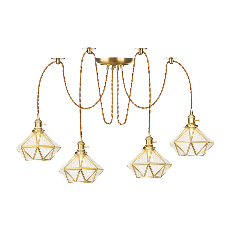 Gold 2/3/4 Heads Multiple Hanging Light Traditional Clear Water Glass Diamond Swag Pendant Lamp Fixture Clearhalo 'Ceiling Lights' 'Glass shade' 'Glass' 'Pendant Lights' 'Pendants' Lighting' 727831