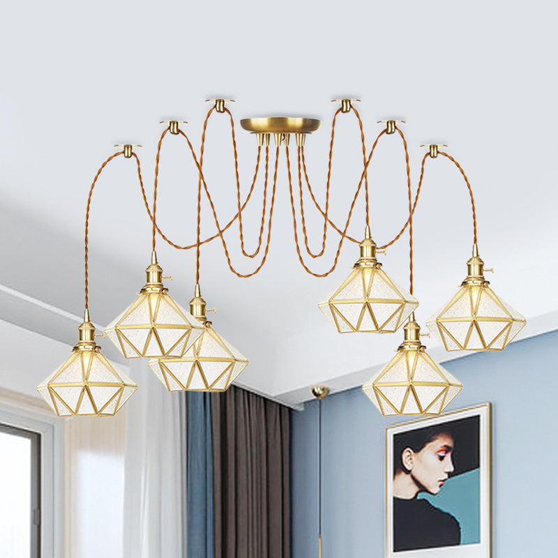 Gold 2/3/4 Heads Multiple Hanging Light Traditional Clear Water Glass Diamond Swag Pendant Lamp Fixture 6 Gold Clearhalo 'Ceiling Lights' 'Glass shade' 'Glass' 'Pendant Lights' 'Pendants' Lighting' 727833