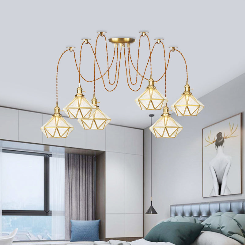 Gold 2/3/4 Heads Multiple Hanging Light Traditional Clear Water Glass Diamond Swag Pendant Lamp Fixture Clearhalo 'Ceiling Lights' 'Glass shade' 'Glass' 'Pendant Lights' 'Pendants' Lighting' 727835