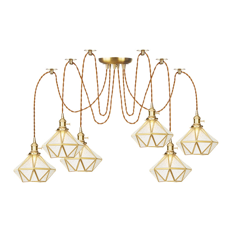 Gold 2/3/4 Heads Multiple Hanging Light Traditional Clear Water Glass Diamond Swag Pendant Lamp Fixture Clearhalo 'Ceiling Lights' 'Glass shade' 'Glass' 'Pendant Lights' 'Pendants' Lighting' 727836