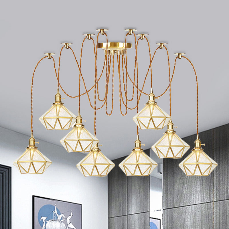 Gold 2/3/4 Heads Multiple Hanging Light Traditional Clear Water Glass Diamond Swag Pendant Lamp Fixture 8 Gold Clearhalo 'Ceiling Lights' 'Glass shade' 'Glass' 'Pendant Lights' 'Pendants' Lighting' 727838