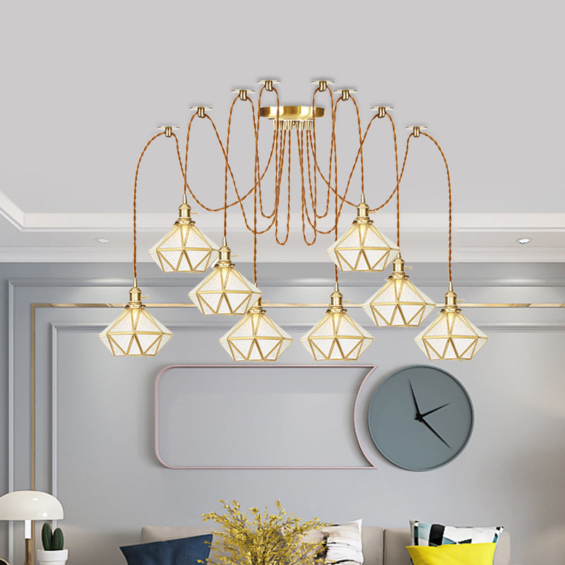 Gold 2/3/4 Heads Multiple Hanging Light Traditional Clear Water Glass Diamond Swag Pendant Lamp Fixture Clearhalo 'Ceiling Lights' 'Glass shade' 'Glass' 'Pendant Lights' 'Pendants' Lighting' 727840