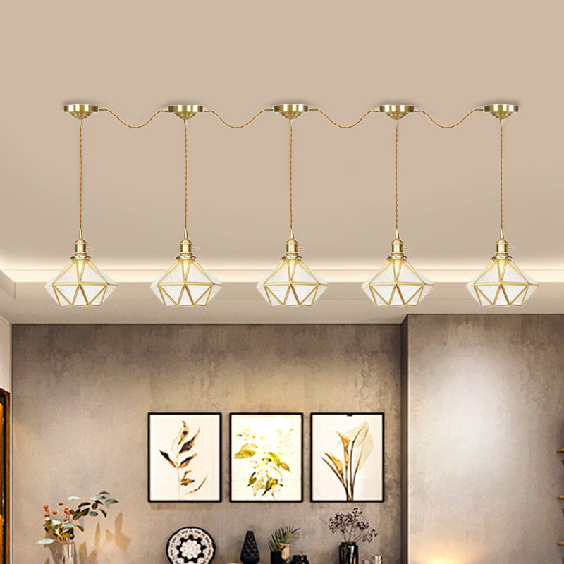 Traditional Diamond Multi Light Pendant 3/5/7-Light Clear Water Glass Suspension Lamp in Gold with Series Connection Design Clearhalo 'Ceiling Lights' 'Glass shade' 'Glass' 'Pendant Lights' 'Pendants' Lighting' 727849