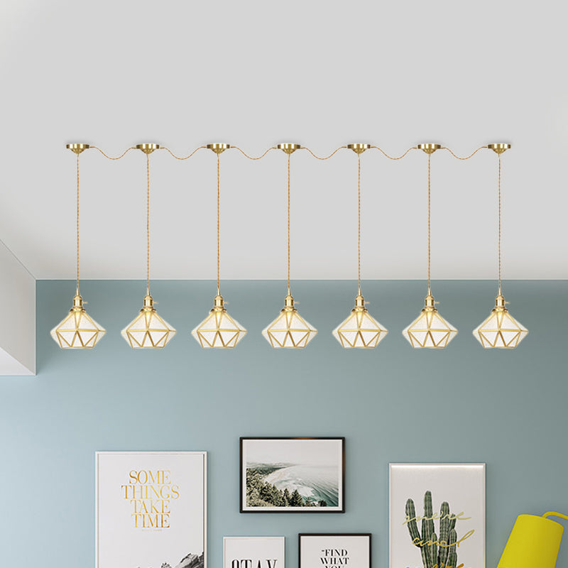 Traditional Diamond Multi Light Pendant 3/5/7-Light Clear Water Glass Suspension Lamp in Gold with Series Connection Design Clearhalo 'Ceiling Lights' 'Glass shade' 'Glass' 'Pendant Lights' 'Pendants' Lighting' 727854
