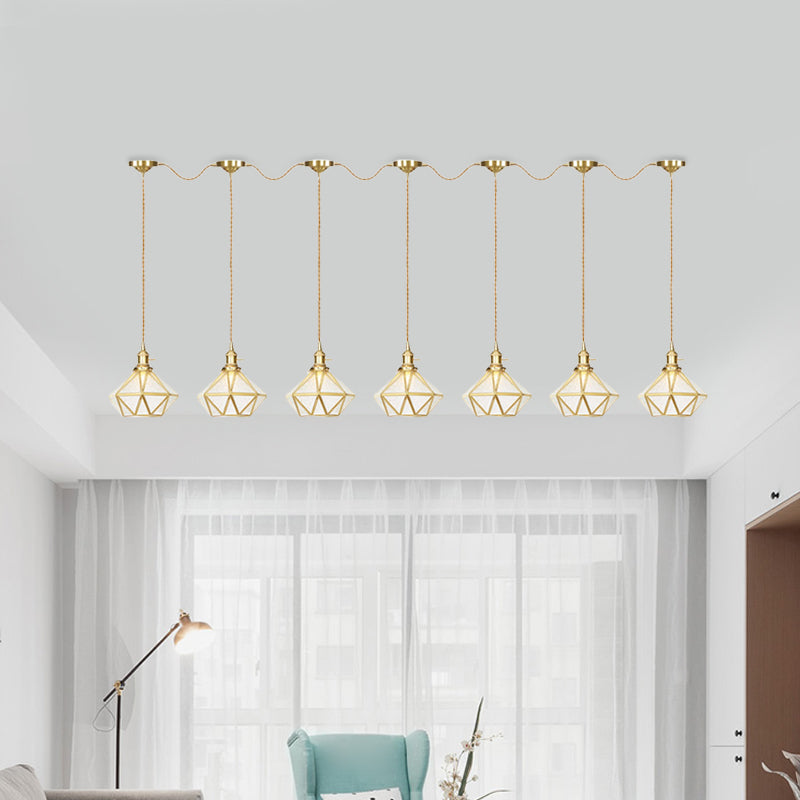 Traditional Diamond Multi Light Pendant 3/5/7-Light Clear Water Glass Suspension Lamp in Gold with Series Connection Design Clearhalo 'Ceiling Lights' 'Glass shade' 'Glass' 'Pendant Lights' 'Pendants' Lighting' 727855