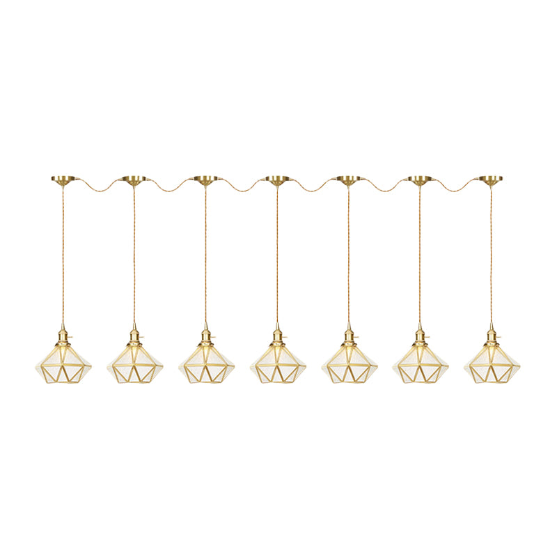 Traditional Diamond Multi Light Pendant 3/5/7-Light Clear Water Glass Suspension Lamp in Gold with Series Connection Design Clearhalo 'Ceiling Lights' 'Glass shade' 'Glass' 'Pendant Lights' 'Pendants' Lighting' 727856