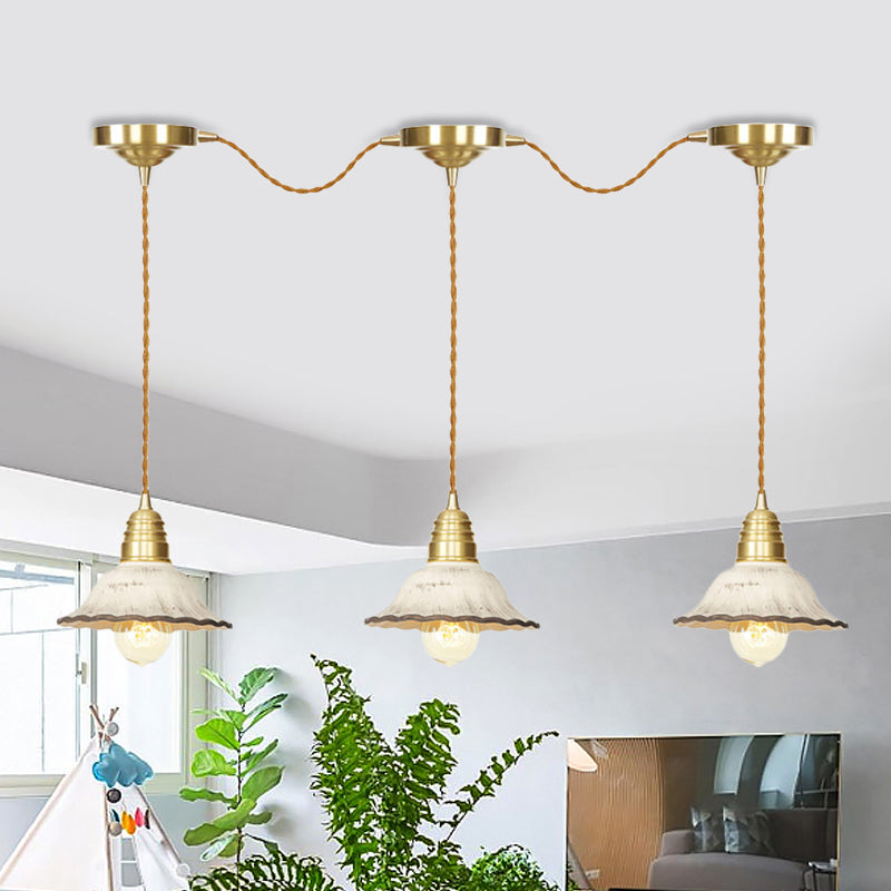 Traditional Scalloped Multiple Hanging Light 3/5/7-Bulb Ceramics Suspension Lamp in Gold with Series Connection Design Clearhalo 'Ceiling Lights' 'Pendant Lights' 'Pendants' Lighting' 727878