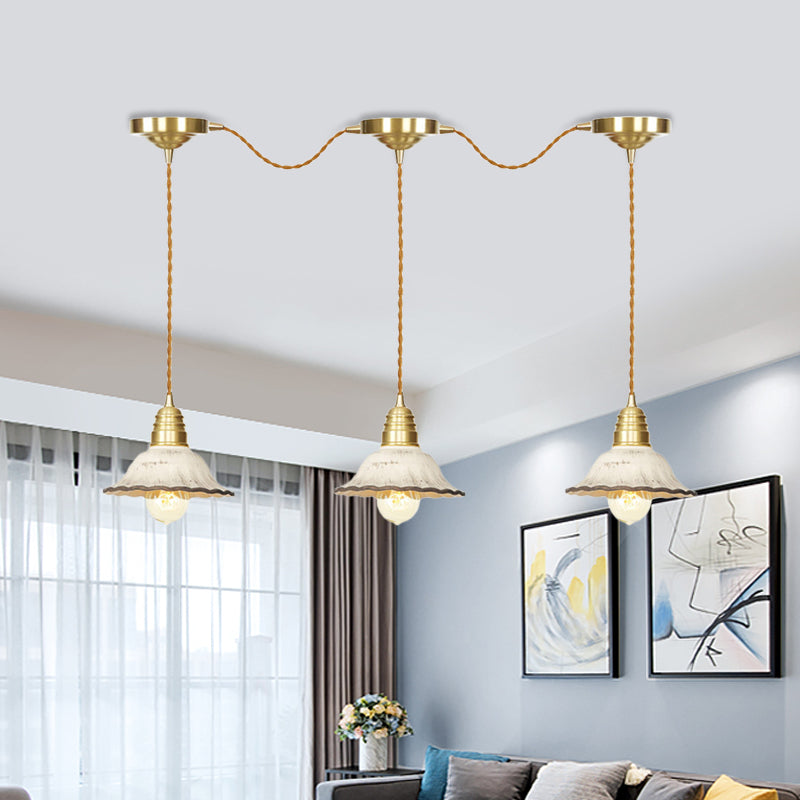 Traditional Scalloped Multiple Hanging Light 3/5/7-Bulb Ceramics Suspension Lamp in Gold with Series Connection Design Clearhalo 'Ceiling Lights' 'Pendant Lights' 'Pendants' Lighting' 727879