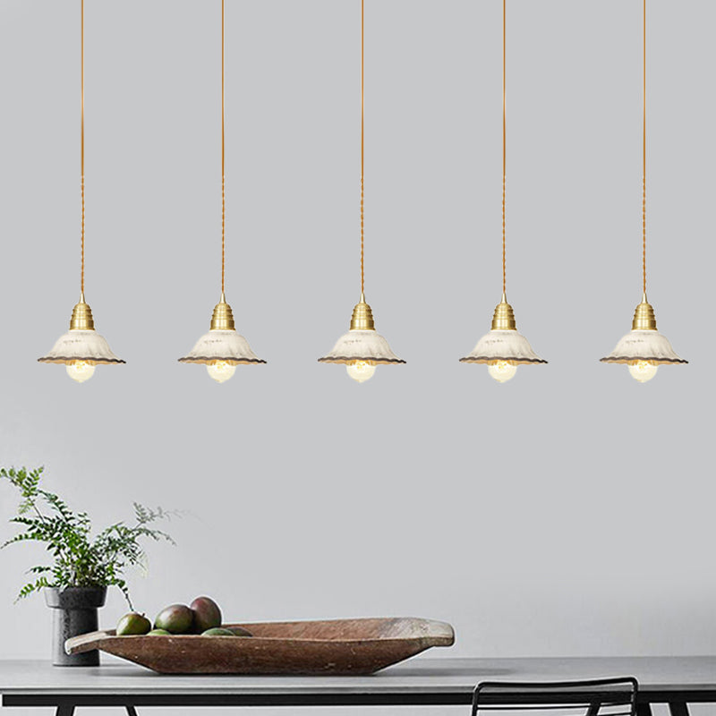 Traditional Scalloped Multiple Hanging Light 3/5/7-Bulb Ceramics Suspension Lamp in Gold with Series Connection Design Clearhalo 'Ceiling Lights' 'Pendant Lights' 'Pendants' Lighting' 727883