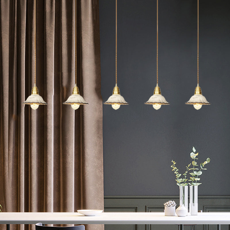 Traditional Scalloped Multiple Hanging Light 3/5/7-Bulb Ceramics Suspension Lamp in Gold with Series Connection Design Clearhalo 'Ceiling Lights' 'Pendant Lights' 'Pendants' Lighting' 727885