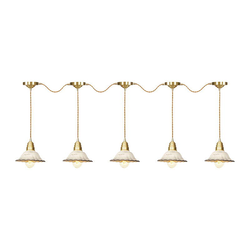 Traditional Scalloped Multiple Hanging Light 3/5/7-Bulb Ceramics Suspension Lamp in Gold with Series Connection Design Clearhalo 'Ceiling Lights' 'Pendant Lights' 'Pendants' Lighting' 727886