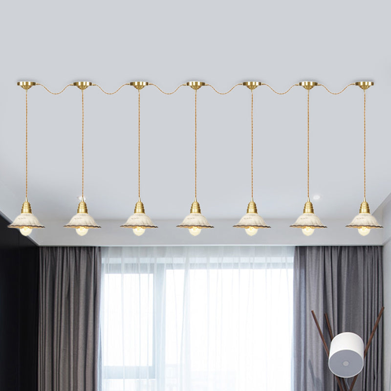 Traditional Scalloped Multiple Hanging Light 3/5/7-Bulb Ceramics Suspension Lamp in Gold with Series Connection Design Clearhalo 'Ceiling Lights' 'Pendant Lights' 'Pendants' Lighting' 727888