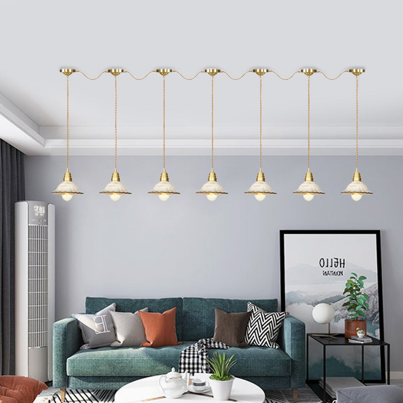 Traditional Scalloped Multiple Hanging Light 3/5/7-Bulb Ceramics Suspension Lamp in Gold with Series Connection Design Clearhalo 'Ceiling Lights' 'Pendant Lights' 'Pendants' Lighting' 727890