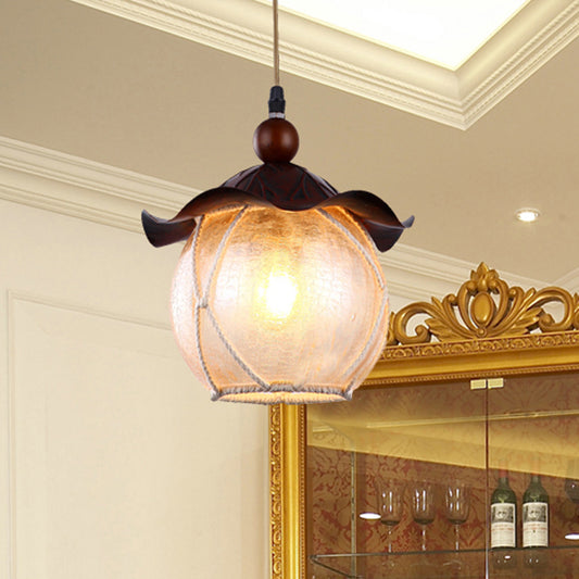 Globe Yellow Crackle Glass Hanging Lamp Traditional 1 Head Corridor Suspension Pendant in Brown with Scalloped Shade Brown Clearhalo 'Ceiling Lights' 'Close To Ceiling Lights' 'Glass shade' 'Glass' 'Pendant Lights' 'Pendants' Lighting' 727893