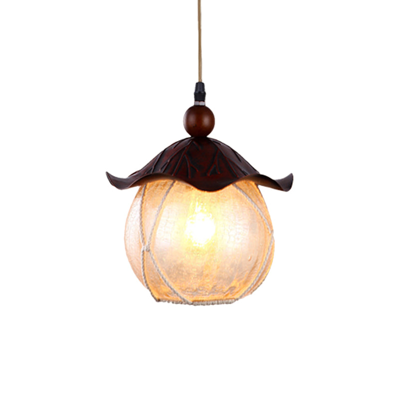 Globe Yellow Crackle Glass Hanging Lamp Traditional 1 Head Corridor Suspension Pendant in Brown with Scalloped Shade Clearhalo 'Ceiling Lights' 'Close To Ceiling Lights' 'Glass shade' 'Glass' 'Pendant Lights' 'Pendants' Lighting' 727895