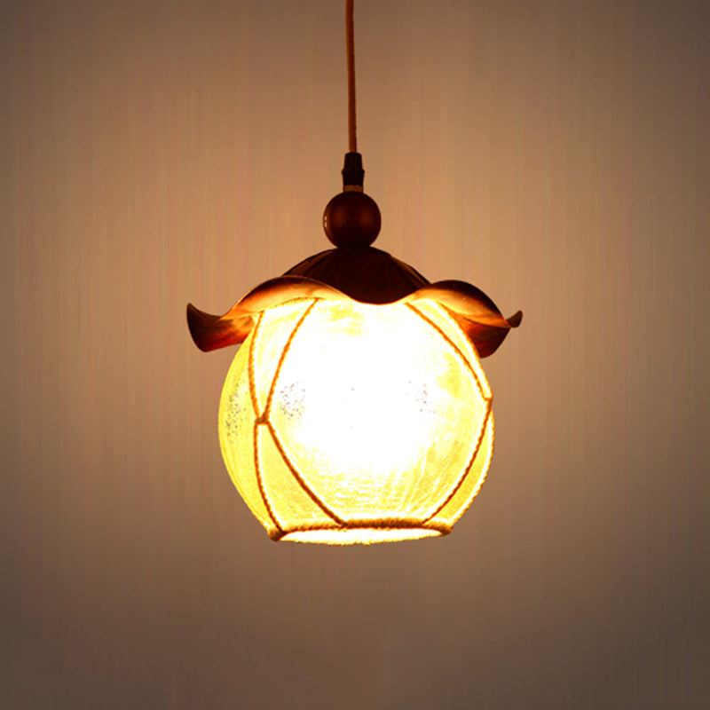 Globe Yellow Crackle Glass Hanging Lamp Traditional 1 Head Corridor Suspension Pendant in Brown with Scalloped Shade Clearhalo 'Ceiling Lights' 'Close To Ceiling Lights' 'Glass shade' 'Glass' 'Pendant Lights' 'Pendants' Lighting' 727896
