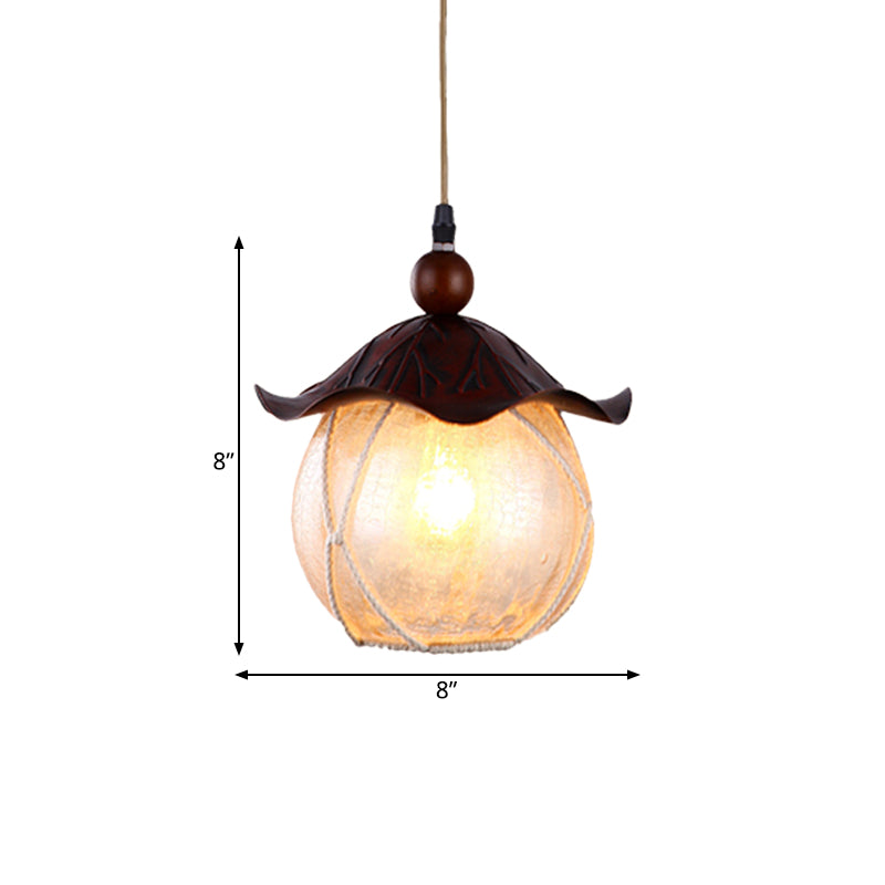 Globe Yellow Crackle Glass Hanging Lamp Traditional 1 Head Corridor Suspension Pendant in Brown with Scalloped Shade Clearhalo 'Ceiling Lights' 'Close To Ceiling Lights' 'Glass shade' 'Glass' 'Pendant Lights' 'Pendants' Lighting' 727897