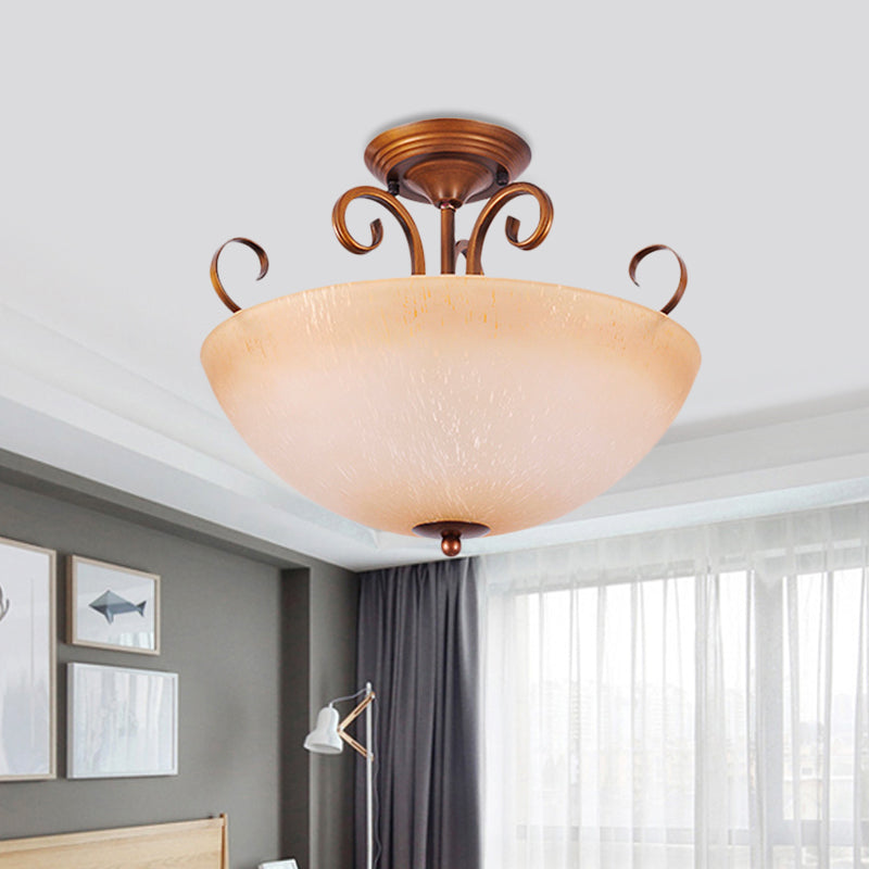 Beige Glass Bowl/Bell Semi Mount Lighting Country Style 3-Light Living Room Ceiling Light Fixture Clearhalo 'Ceiling Lights' 'Chandeliers' 'Close To Ceiling Lights' 'Close to ceiling' 'Glass shade' 'Glass' 'Pendant Lights' 'Semi-flushmount' Lighting' 727904