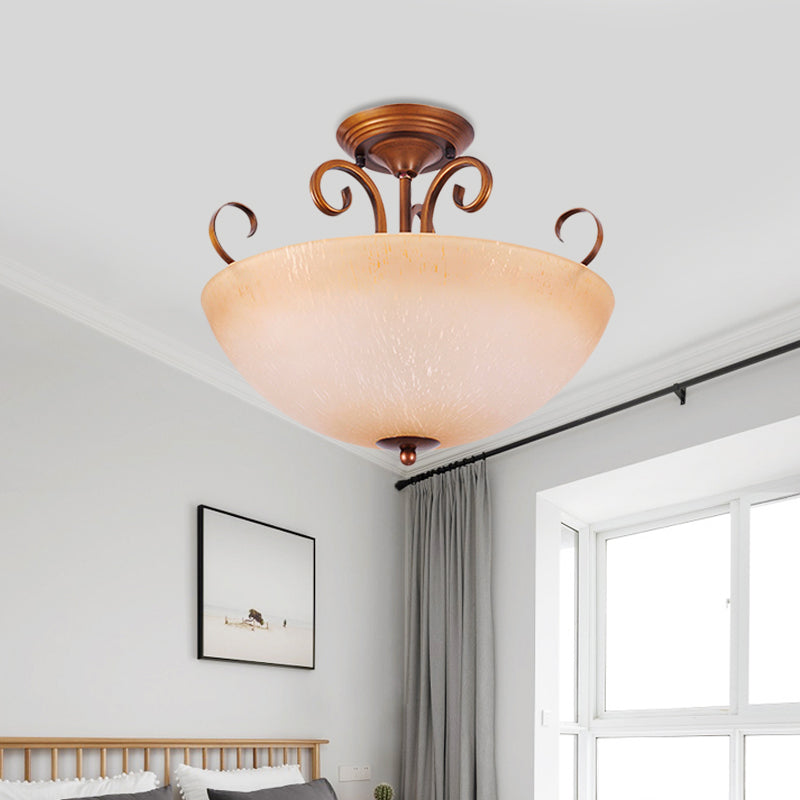 Beige Glass Bowl/Bell Semi Mount Lighting Country Style 3-Light Living Room Ceiling Light Fixture Clearhalo 'Ceiling Lights' 'Chandeliers' 'Close To Ceiling Lights' 'Close to ceiling' 'Glass shade' 'Glass' 'Pendant Lights' 'Semi-flushmount' Lighting' 727905