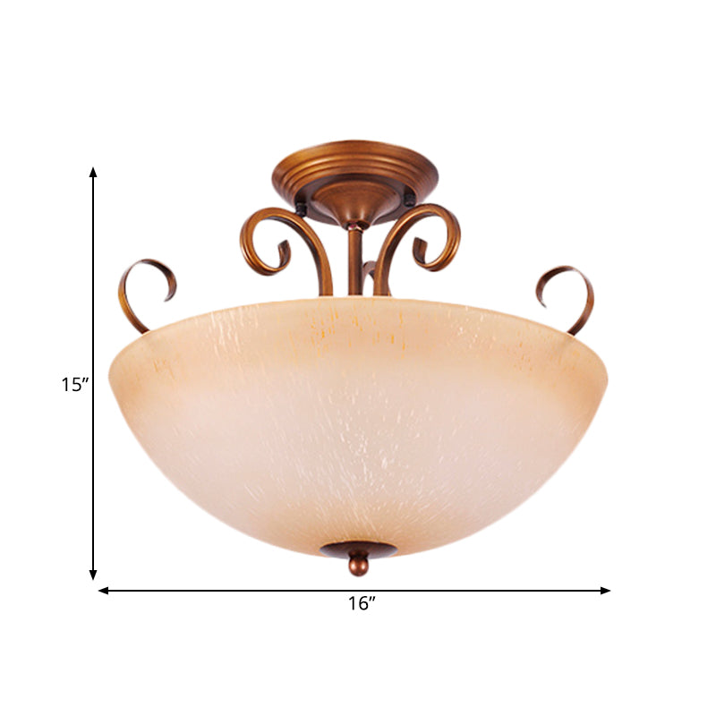 Beige Glass Bowl/Bell Semi Mount Lighting Country Style 3-Light Living Room Ceiling Light Fixture Clearhalo 'Ceiling Lights' 'Chandeliers' 'Close To Ceiling Lights' 'Close to ceiling' 'Glass shade' 'Glass' 'Pendant Lights' 'Semi-flushmount' Lighting' 727907