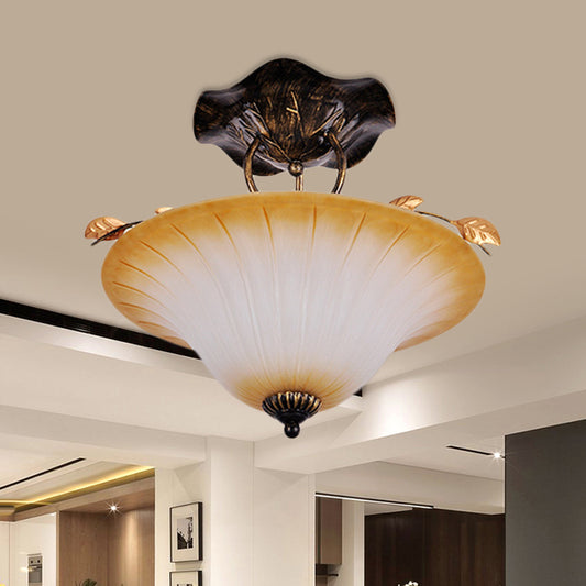 Beige Glass Bowl/Bell Semi Mount Lighting Country Style 3-Light Living Room Ceiling Light Fixture Beige B Clearhalo 'Ceiling Lights' 'Chandeliers' 'Close To Ceiling Lights' 'Close to ceiling' 'Glass shade' 'Glass' 'Pendant Lights' 'Semi-flushmount' Lighting' 727908