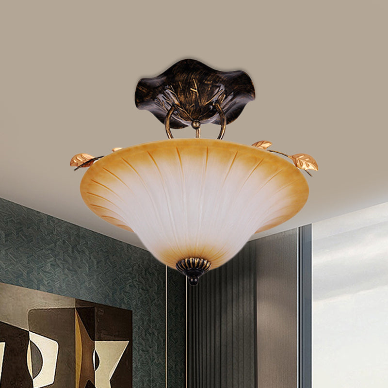 Beige Glass Bowl/Bell Semi Mount Lighting Country Style 3-Light Living Room Ceiling Light Fixture Clearhalo 'Ceiling Lights' 'Chandeliers' 'Close To Ceiling Lights' 'Close to ceiling' 'Glass shade' 'Glass' 'Pendant Lights' 'Semi-flushmount' Lighting' 727909