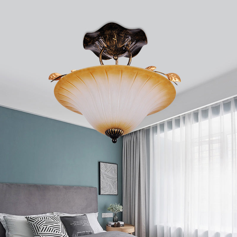 Beige Glass Bowl/Bell Semi Mount Lighting Country Style 3-Light Living Room Ceiling Light Fixture Clearhalo 'Ceiling Lights' 'Chandeliers' 'Close To Ceiling Lights' 'Close to ceiling' 'Glass shade' 'Glass' 'Pendant Lights' 'Semi-flushmount' Lighting' 727910