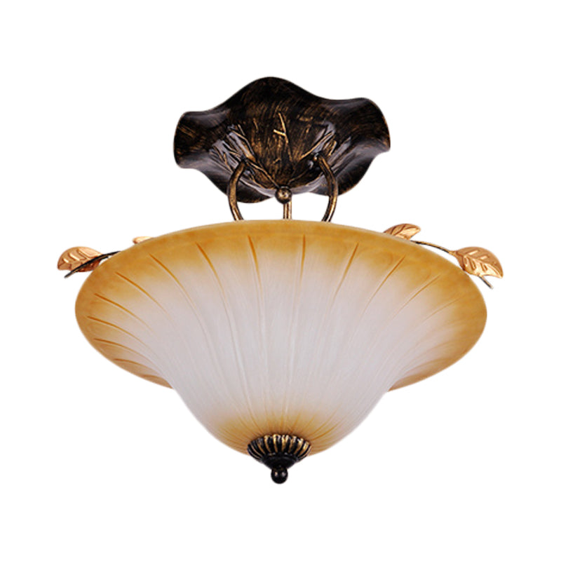 Beige Glass Bowl/Bell Semi Mount Lighting Country Style 3-Light Living Room Ceiling Light Fixture Clearhalo 'Ceiling Lights' 'Chandeliers' 'Close To Ceiling Lights' 'Close to ceiling' 'Glass shade' 'Glass' 'Pendant Lights' 'Semi-flushmount' Lighting' 727911