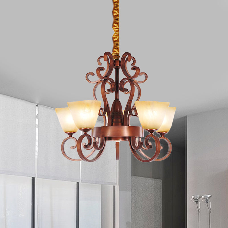 6/9-Head Pendant Chandelier Rustic Trapezoid Beige Glass Hanging Ceiling Light with Swooping Arm in Brass Clearhalo 'Ceiling Lights' 'Chandeliers' Lighting' options 727914