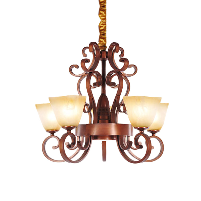 6/9-Head Pendant Chandelier Rustic Trapezoid Beige Glass Hanging Ceiling Light with Swooping Arm in Brass Clearhalo 'Ceiling Lights' 'Chandeliers' Lighting' options 727915