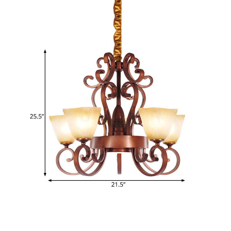 6/9-Head Pendant Chandelier Rustic Trapezoid Beige Glass Hanging Ceiling Light with Swooping Arm in Brass Clearhalo 'Ceiling Lights' 'Chandeliers' Lighting' options 727917