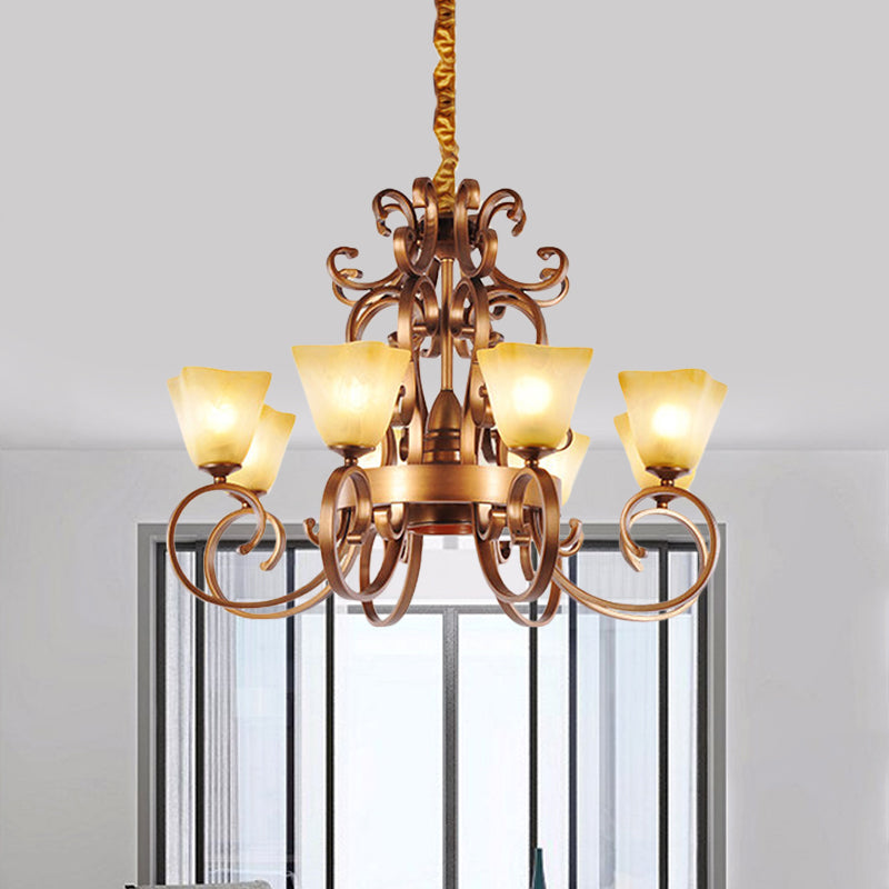 6/9-Head Pendant Chandelier Rustic Trapezoid Beige Glass Hanging Ceiling Light with Swooping Arm in Brass 9 Brass Clearhalo 'Ceiling Lights' 'Chandeliers' Lighting' options 727918_a10df3d9-c95e-47a4-a1eb-487f5ef13f22