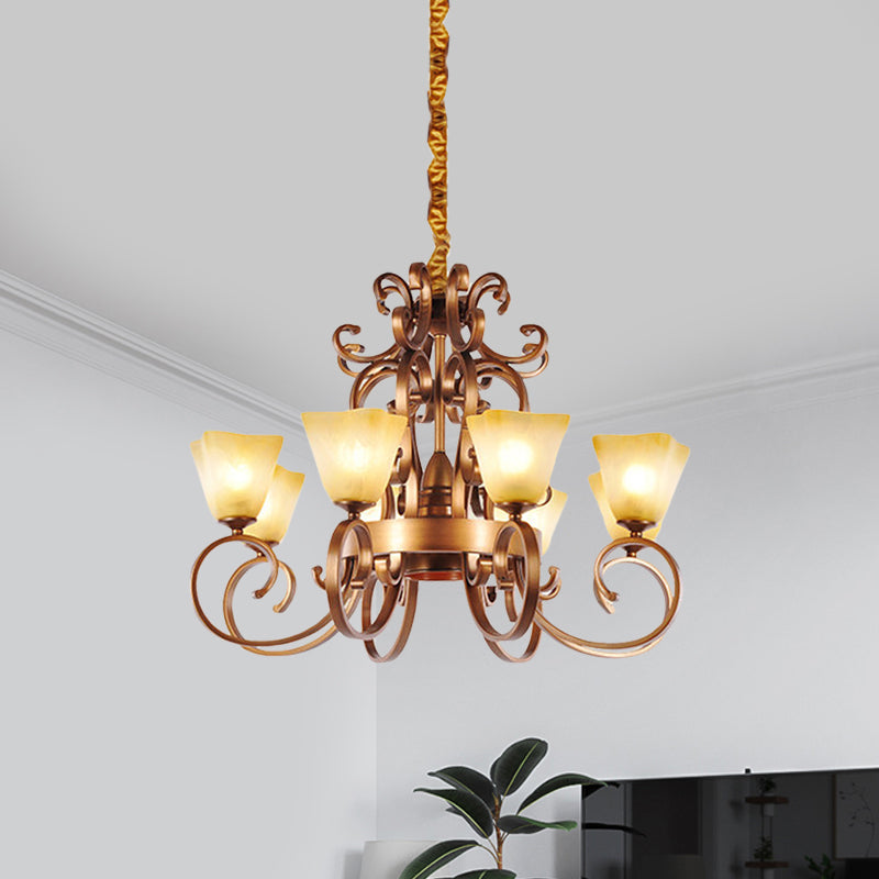 6/9-Head Pendant Chandelier Rustic Trapezoid Beige Glass Hanging Ceiling Light with Swooping Arm in Brass Clearhalo 'Ceiling Lights' 'Chandeliers' Lighting' options 727919