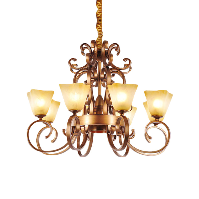 6/9-Head Pendant Chandelier Rustic Trapezoid Beige Glass Hanging Ceiling Light with Swooping Arm in Brass Clearhalo 'Ceiling Lights' 'Chandeliers' Lighting' options 727920