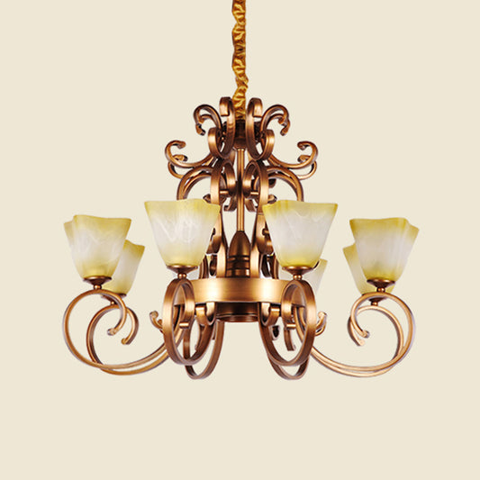 6/9-Head Pendant Chandelier Rustic Trapezoid Beige Glass Hanging Ceiling Light with Swooping Arm in Brass Clearhalo 'Ceiling Lights' 'Chandeliers' Lighting' options 727921