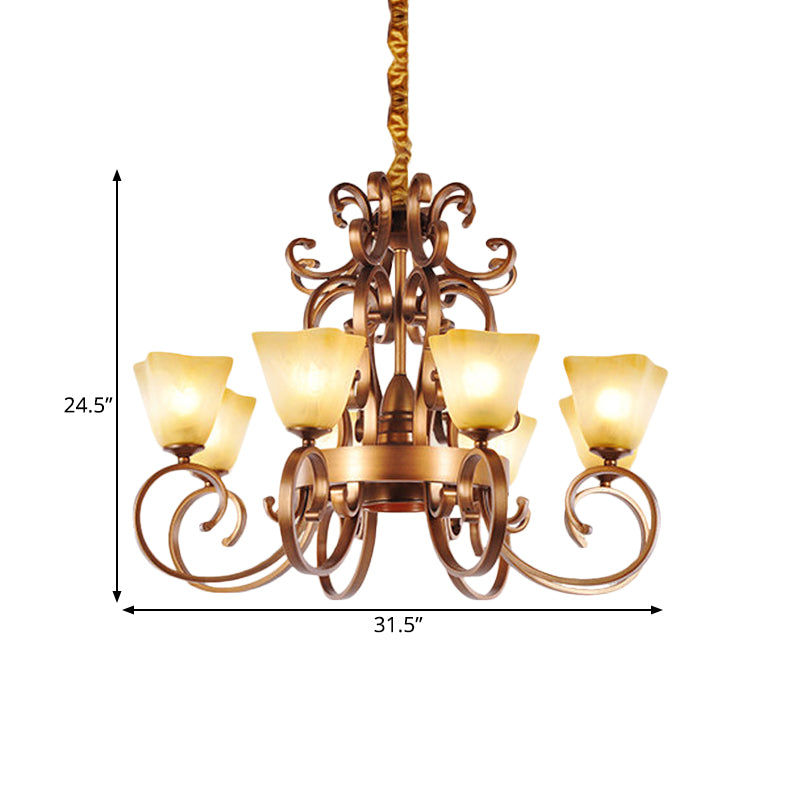 6/9-Head Pendant Chandelier Rustic Trapezoid Beige Glass Hanging Ceiling Light with Swooping Arm in Brass Clearhalo 'Ceiling Lights' 'Chandeliers' Lighting' options 727922