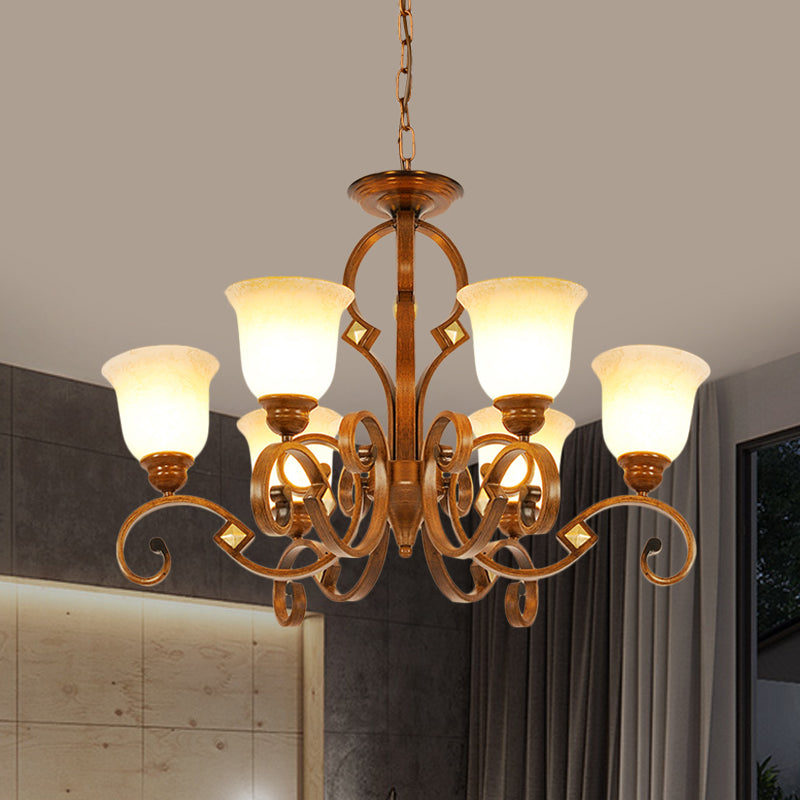 Curved Arm Bedroom Ceiling Chandelier Rural Metal 6 Bulbs Brown Hanging Fixture with Bell Opal Glass Shade Brown Clearhalo 'Ceiling Lights' 'Chandeliers' Lighting' options 727923_a64e1087-aaa8-4911-a493-4f13fd7c4b57
