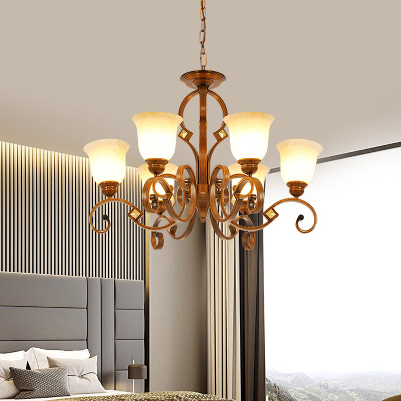Curved Arm Bedroom Ceiling Chandelier Rural Metal 6 Bulbs Brown Hanging Fixture with Bell Opal Glass Shade Clearhalo 'Ceiling Lights' 'Chandeliers' Lighting' options 727925