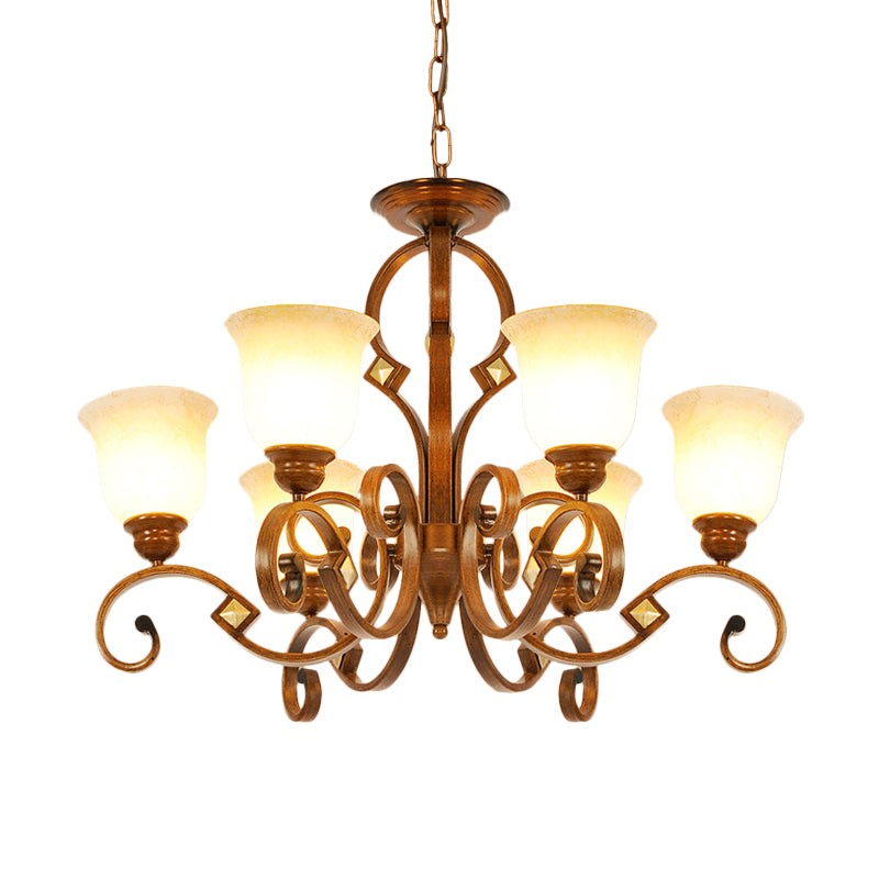 Curved Arm Bedroom Ceiling Chandelier Rural Metal 6 Bulbs Brown Hanging Fixture with Bell Opal Glass Shade Clearhalo 'Ceiling Lights' 'Chandeliers' Lighting' options 727926