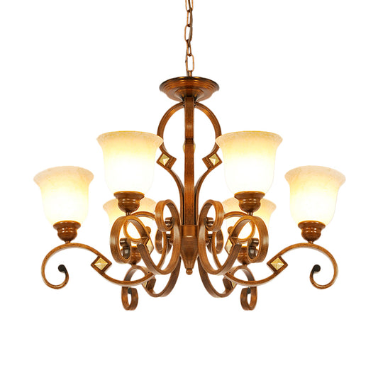 Curved Arm Bedroom Ceiling Chandelier Rural Metal 6 Bulbs Brown Hanging Fixture with Bell Opal Glass Shade Clearhalo 'Ceiling Lights' 'Chandeliers' Lighting' options 727926