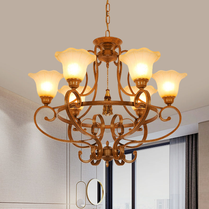 Brown 6 Lights Hanging Chandelier Traditional Frosted Glass Flared Pendant Lighting Fixture with Curvy Arm Clearhalo 'Ceiling Lights' 'Chandeliers' Lighting' options 727928