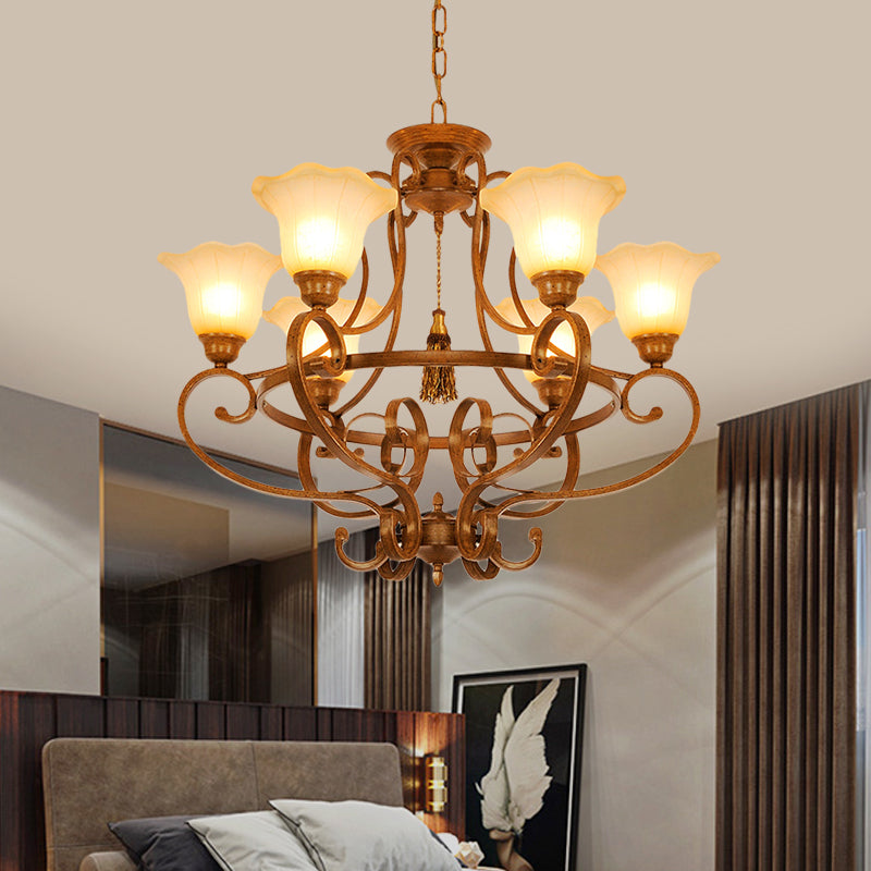 Brown 6 Lights Hanging Chandelier Traditional Frosted Glass Flared Pendant Lighting Fixture with Curvy Arm Clearhalo 'Ceiling Lights' 'Chandeliers' Lighting' options 727929