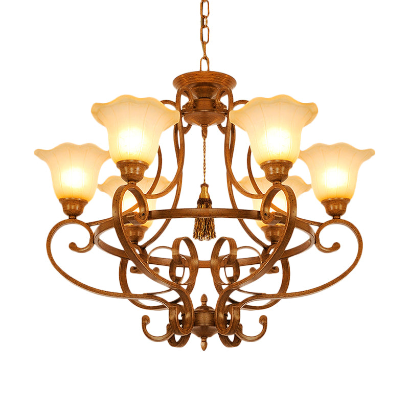 Brown 6 Lights Hanging Chandelier Traditional Frosted Glass Flared Pendant Lighting Fixture with Curvy Arm Clearhalo 'Ceiling Lights' 'Chandeliers' Lighting' options 727930