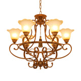 Brown 6 Lights Hanging Chandelier Traditional Frosted Glass Flared Pendant Lighting Fixture with Curvy Arm Clearhalo 'Ceiling Lights' 'Chandeliers' Lighting' options 727930