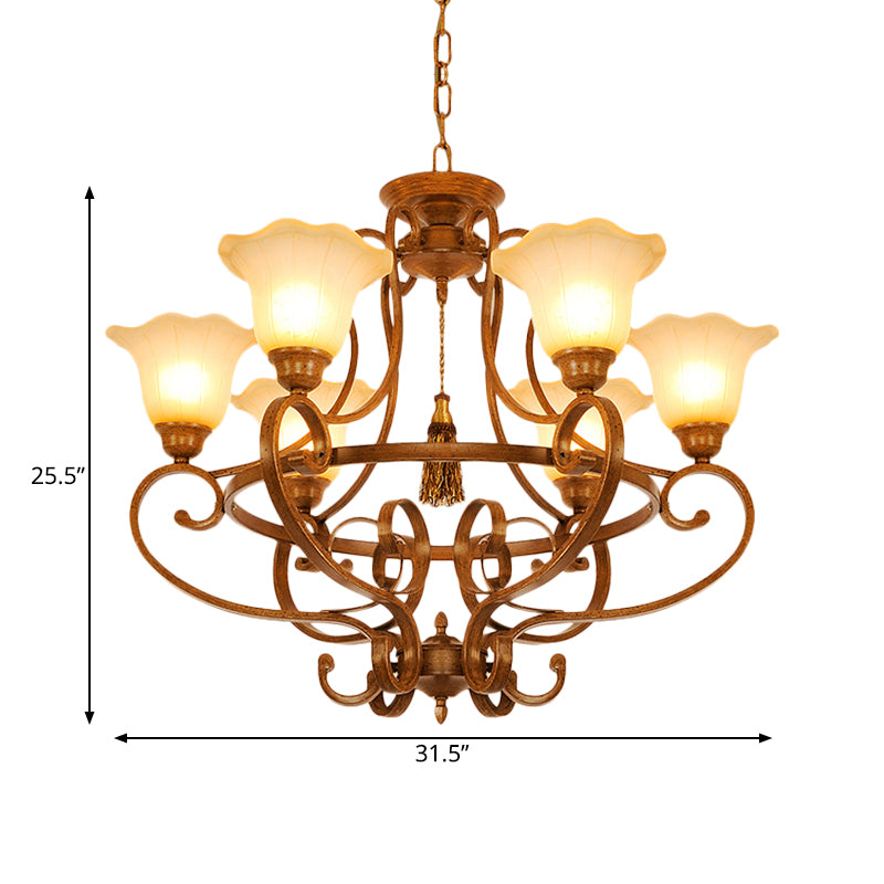 Brown 6 Lights Hanging Chandelier Traditional Frosted Glass Flared Pendant Lighting Fixture with Curvy Arm Clearhalo 'Ceiling Lights' 'Chandeliers' Lighting' options 727932