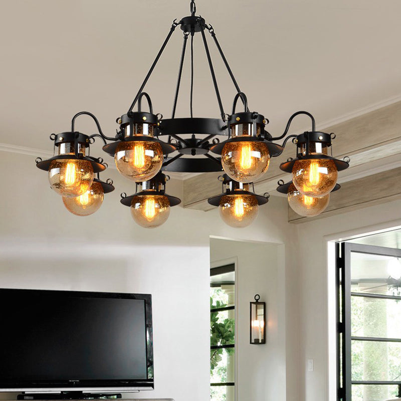 Black Wheel Chandelier Classic Metallic 3/6/8-Head Living Room Pendant Light Fixture with Globe Clear Glass Shade Clearhalo 'Ceiling Lights' 'Chandeliers' Lighting' options 727934