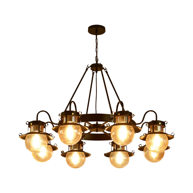 Black Wheel Chandelier Classic Metallic 3/6/8-Head Living Room Pendant Light Fixture with Globe Clear Glass Shade Clearhalo 'Ceiling Lights' 'Chandeliers' Lighting' options 727935