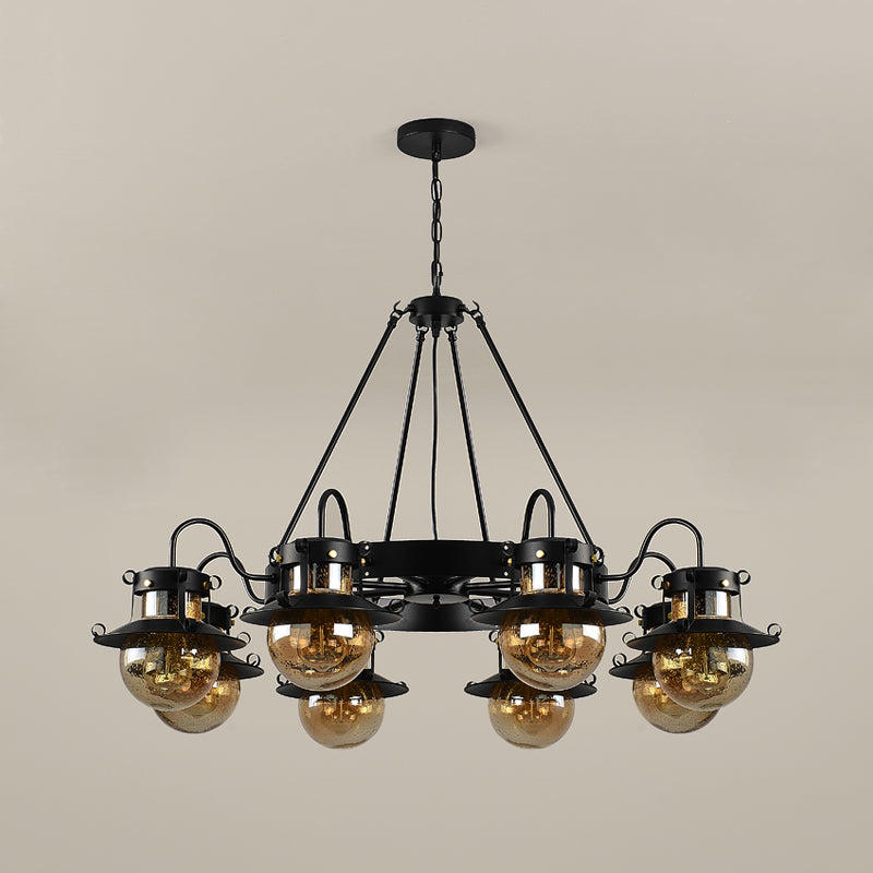 Black Wheel Chandelier Classic Metallic 3/6/8-Head Living Room Pendant Light Fixture with Globe Clear Glass Shade Clearhalo 'Ceiling Lights' 'Chandeliers' Lighting' options 727936