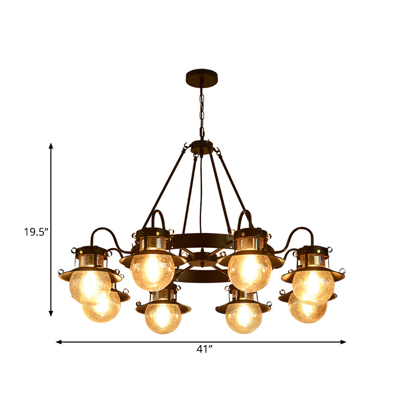 Black Wheel Chandelier Classic Metallic 3/6/8-Head Living Room Pendant Light Fixture with Globe Clear Glass Shade Clearhalo 'Ceiling Lights' 'Chandeliers' Lighting' options 727937